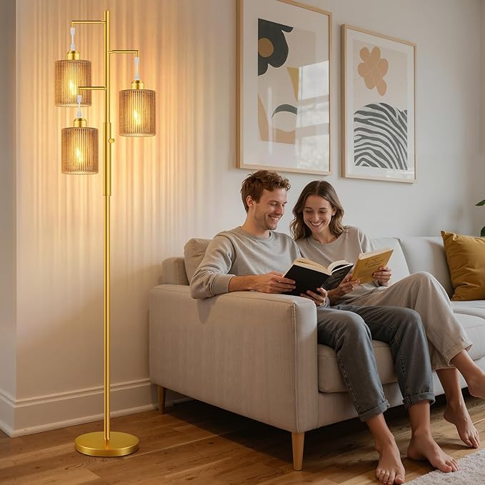 Hotsonic 72" Tall Boho Floor Lamp, Dimmable Standing Lamp with Handcrafted Rattan Brown Shade, Industrial Tree Floor Lamps for Living Room, Bedroom, Study Room, Office(3x800LM LED Bulbs Included)-Gold