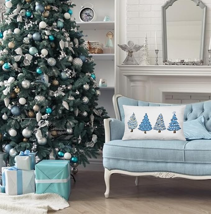 KEUSPI Blue Christmas Decorations,Coastal Christmas Decor Blue Christmas Tree Pillow Covers 12x20,Christmas Decor,Christmas Trees Xmas Pillow Cases Cushion Covers,Blue Christmas Tree Pillow Covers