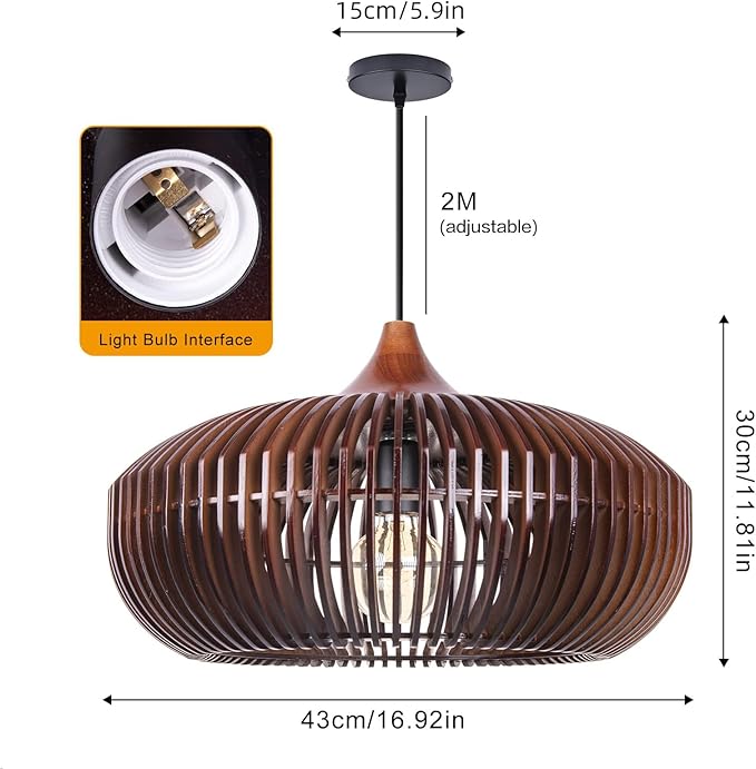 Arturesthome Farmhouse Round Wood Pendant Light, Rustic Wooden Hanging Ceiling Light Fixture for Kitchen Island Cafe Basement Hallway, Coffee