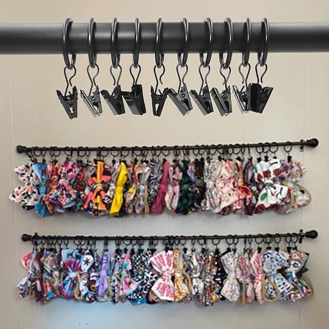 44 Pack Curtain Rings Hooks, Hanger Clips for Hanging Drapery Drapes Bows, 1 inch Interior Diameter, Fits up to 5/8" Rod, Black