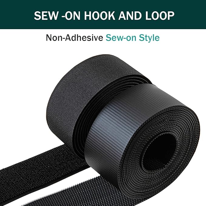 Sew on Hook and Loop Strips 1-1/2in x 3yd | Easy to Sew | Excellent Grip | Non-Adhesive Back Nylon Strips Fabric Fastener Non-Adhesive Interlocking Tape for Clothing Sewing Crafts and DIY, Black