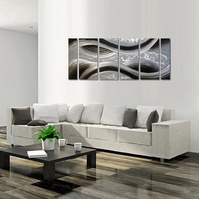 Handcrafted Abstract Metal Wall Art with Soft Color, Large Scale Decor in Black Line Design, 3D Artwork for Indoor Outdoor Wall Decorations, 6-Panels Metal Art Measure 24"x 65"