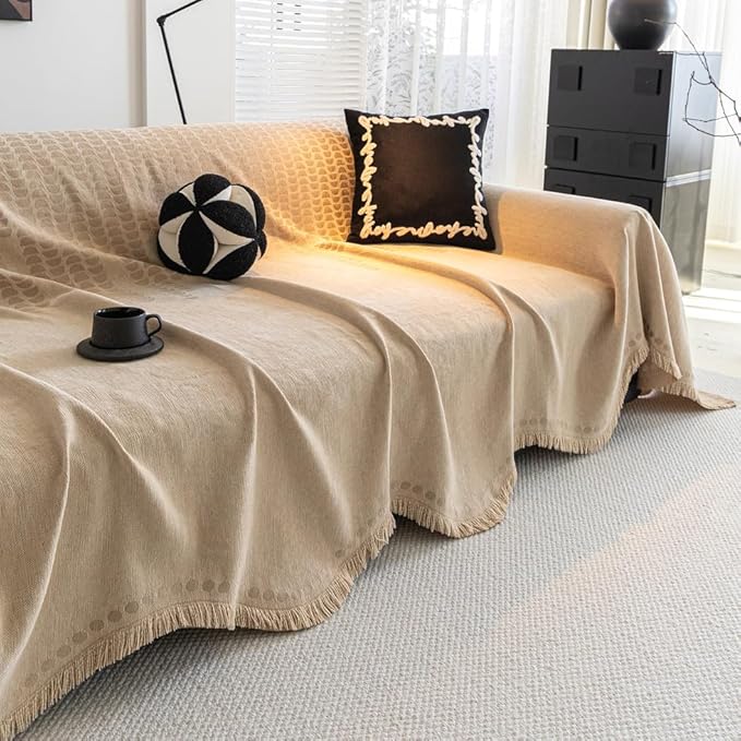 ROOMLIFE Khaki Sofa Cover, Vintage Boho Couch Cover for 3 Cushion Sofa, Non Slip Soft Chenille Sofa Slipcovers for Dog, Washable Furniture Sofa Protector Cover with Tassel for Living Room, 71''X150”