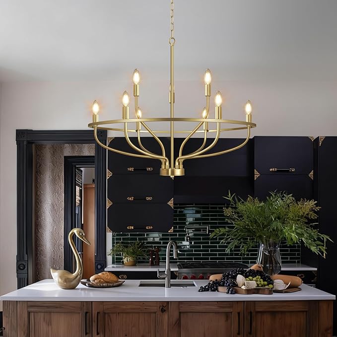 30" Gold Chandelier, 9-Light Modern Farmhouse Chandelier for Dining Room Lighting Fixtures Hanging, Candle Chandelier Light for Living Room, Kitchen Island, Bedroom and Entryway (Bulbs Not Included)