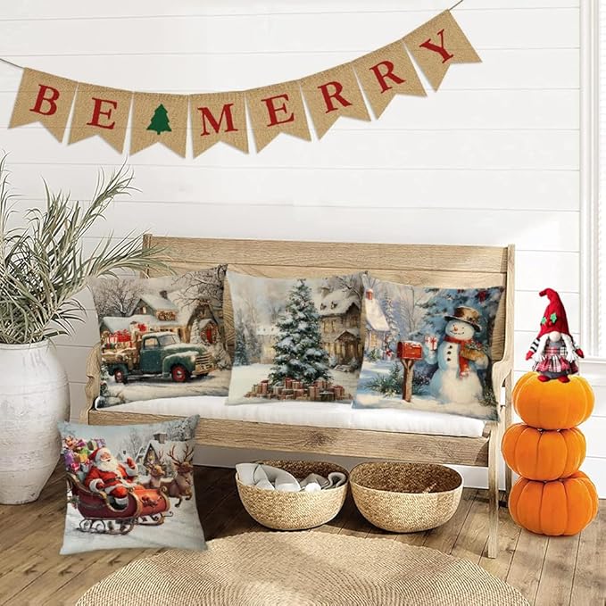 Neatee Living Christmas Pillow Covers 12x12 Set of 4 Farmhouse Xmas Vintage Throw Pillows Christmas Tree Deer Snowman Pillow Cases Outdoor Sofa Couch Cushion Covers for Home Decorations (12 by 12)