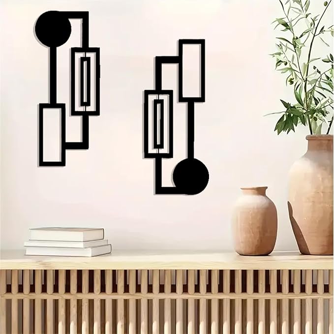 DUOOLN 2 Pcs Black Abstract Metal Wall Art, Minimalist Décor Single Line Art Wall Décor, 3D Textured Modern Geometrical Metal Wall Sculptures, for Living Room Bedroom Bathroom Study Room Home Decor