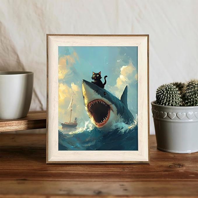XOCUUI Cat Riding Shark Canvas Funny Cat Canvas Animal Decor Funny Shark Picture Coastal Theme Artwork Animal Prints Abstract Fish Picture Black cat Painting For Lover 8x10 - Unframed