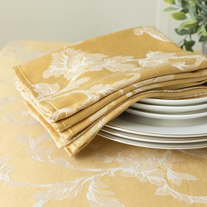 Benson Mills Harmony Scroll Woven Damask Fabric Set of 4 Napkins, Everyday, Parties, Special Occasions, Weddings and Holiday Cloth Napkins (18" x 18" Napkins, Gold)