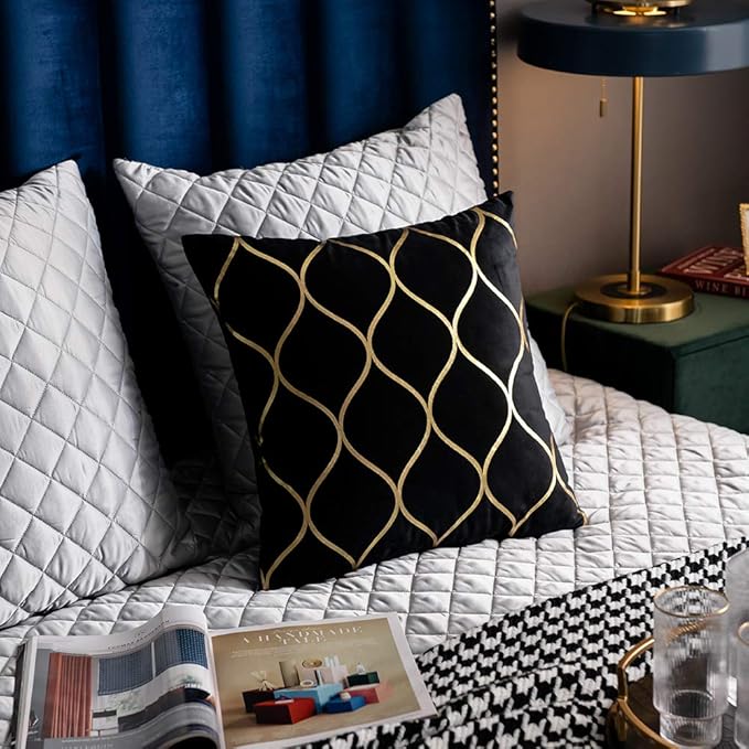 16x16 Inch Gold Velvet Throw Pillow Covers: 2 Pack Square Decorative Pillow Cases for Bedroom Sofa Couch Living Room, Black