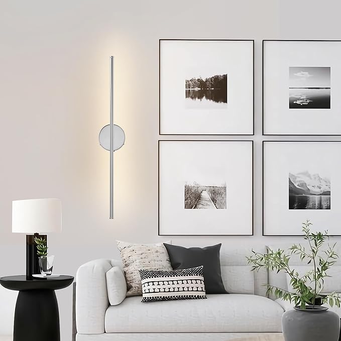 Battery Operated Wall Sconces with Remote Control, Dimmable Wall Sconces Set of Two, 350°Rotate, 3000K LED Chrome Wireless Wall Light for Living Room, Bedroom,Hallway, 24.4 Inch (2 Pack)