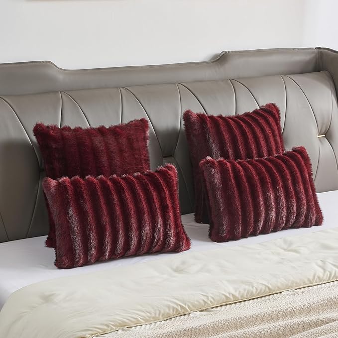 FUTEI Burgundy Decorative Throw Pillow Covers 12x20 Inch Set of 2,Soft Fluffy Faux Rabbit Fur Dyeing Striped Textured Lumbar Pillow Case,Modern Home Decor for Couch Bed Living Room