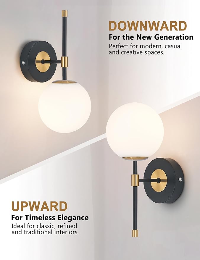 Battery Operated Globe Wall Sconces Set of 2, Black & Gold Wireless Wall Lights with Remote Control, Rechargeable 3 Color Stepless Dimming Modern Wall Decor Lamp for Bedroom Living Room Hallway