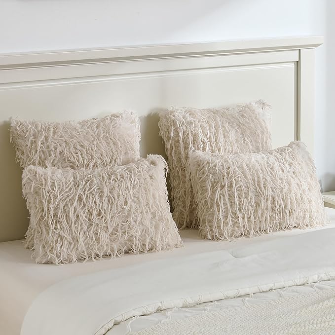 FUTEI Beige Decorative Throw Pillow Covers 18x18 Inch Set of 2,Soft Fluffy Faux Feather Texture Cushion Cases,Modern Home Luxury Decor for Couch Bed Living Room