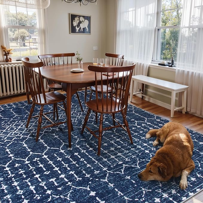 Lahome Moroccan Living Room Rug 9x12 - Non-Slip Washable Ultra-Thin Soft Large Area Rug, Modern Geometric Print Stain Resistant Carpet for Bedroom Dining Room, Blue