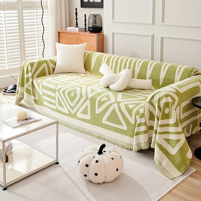 VClife Couch Cover Boho, Green Jacquard Sofa Cover for 3 Cushion Couch Sofa, Anti Slip Dog Sofa Couch Cover Washable Sofa Slipcover L-Shape Sectional Sofa Cover with Tassel, 91"x150"