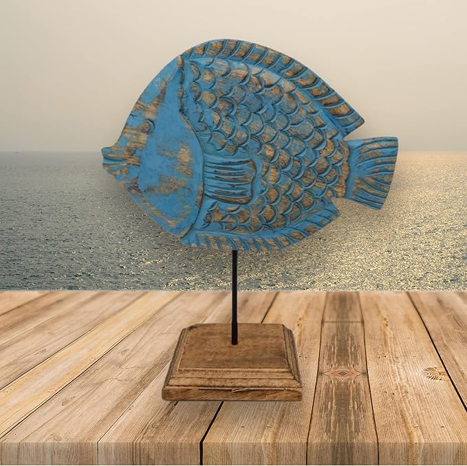 Farmhouse World Wooden Fish Sculpture Coastal Decor for Home | Handmade Fish Statue on Stand Sea Nautical Beach House Decor Art Piece | Rustic Table Shelf Decor for Office, Living Room (Puffer Fish)