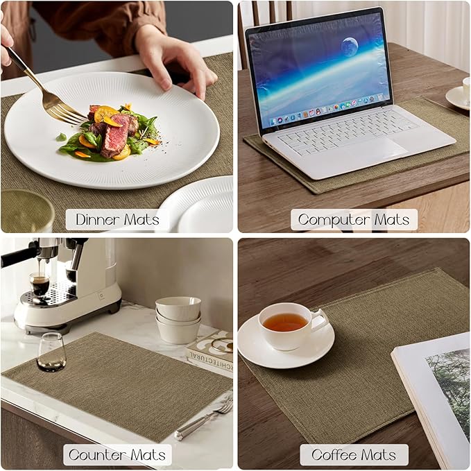 Romanstile Cloth Placemats Set of 8-12 x 18 Inch, Heat Resistant Double Layered Thickened Burlap Place Mats, Washable Faux Linen Farmhouse Table Mats for Kitchen/Dining/Party/Outdoor, Khaki