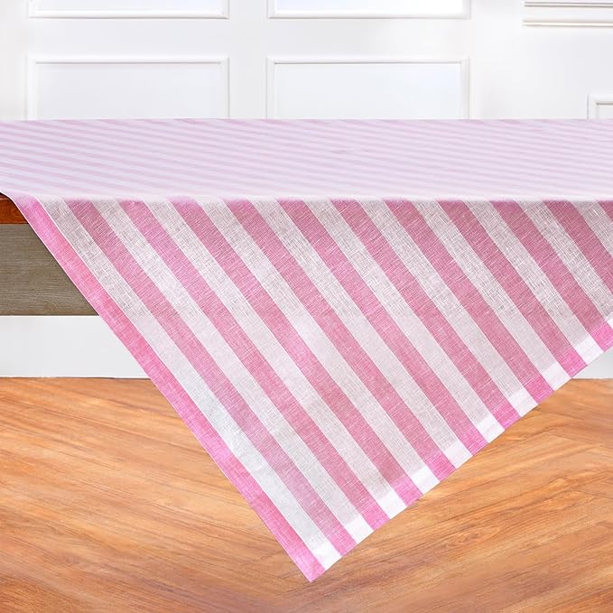 Solino Home Linen Square Tablecloth 52 x 52 Inch - Sorrento Stripe, 100% Pure Linen Chateau Rose and White Table Throw - Machine Washable Tablecloth