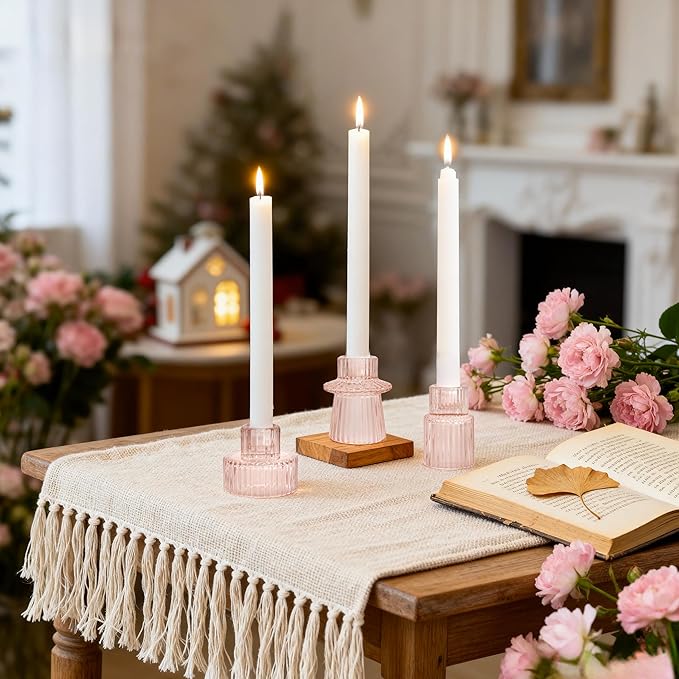 WELLIFE Pink Candlestick Holders, 3 Pcs Glass Candle Holder,Taper Candle Holder for Table Centerpieces Home Bedroom, Valentine's Day Decoration