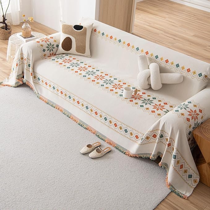 DREAMINGO Couch Protector for 2 Seater Sofa, Boho Beige Sectional Couch Covers for Living Room, Soft Chenille Sofa Slipcover 71x118 Inch -Stain Resistant, Washable