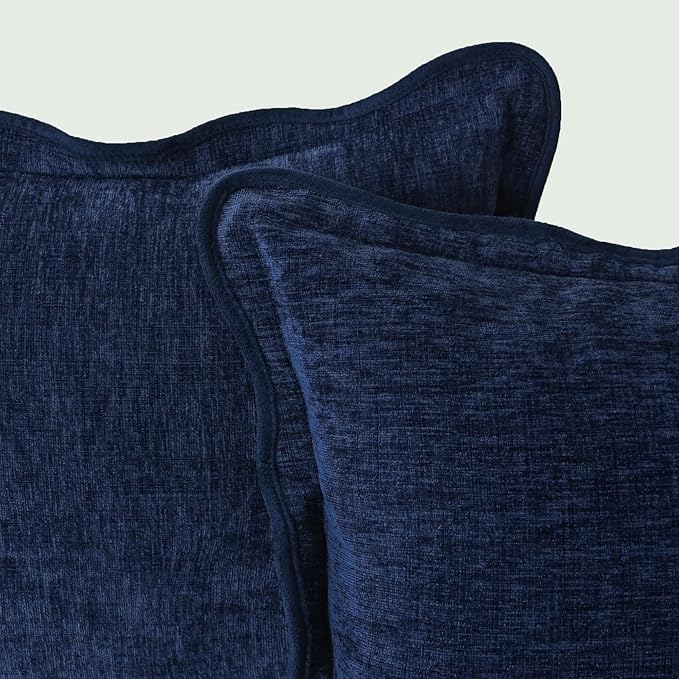 CaliTime Throw Pillow Covers Decorative 18 X 18 Inches Pack of 2 Cozy Chenille Scalloped Wavy Edge Cushion Cases for Couch Sofa Bed Living Room Farmhouse Navy Blue