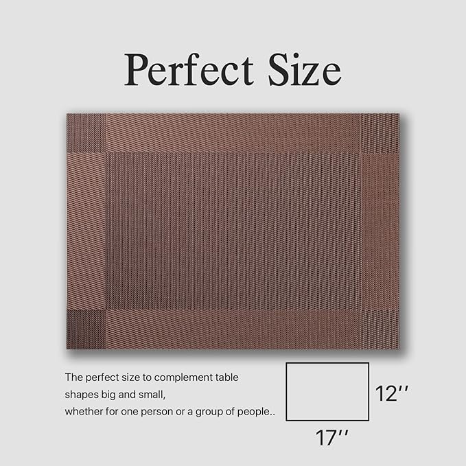 Placemats Set of 12 - Easy Clean Woven Vinyl Placemats for Dining Table, Indoor/Outdoor Place Mats, Washable PVC Table Mats(Brown Cube)