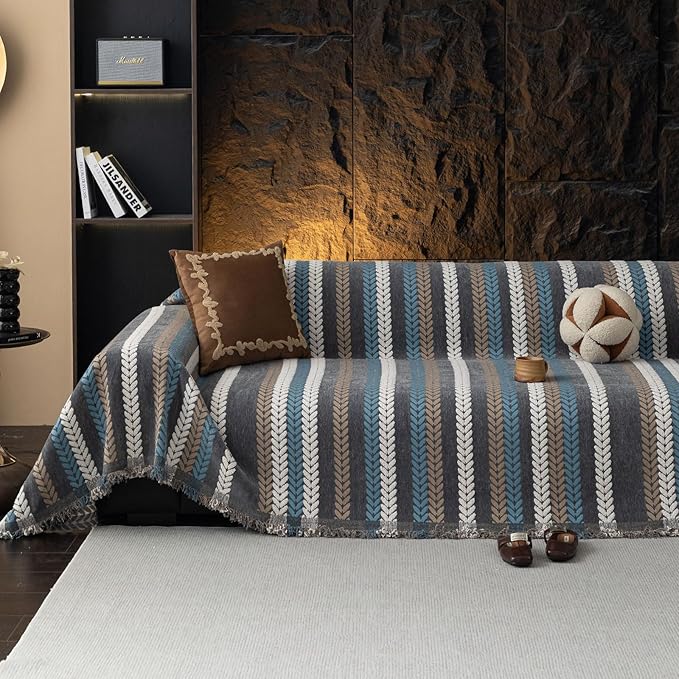 VClife Blue Stripe Sofa Cover for Dog Chenille Couch Cover for 2 Seater Sofa, Non Slip Stripe Jacquard Sofa Couch Cover Throw Pet-Friendly Soft Couch Slipcover with Tassel, Blue, 71''x118''