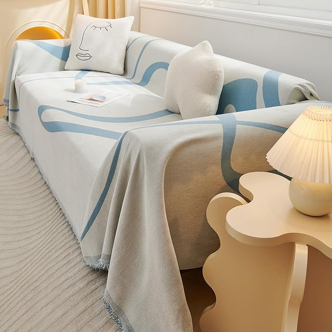 VClife Sofa Cover Washable Soft Plush Couch Cover for 3 Seat Cushion Couch Sofa (71''x134'') - Modern White Blue Striped Jacquard Sofa Cover Slipcover for Sectional Sofa Home Furniture Protector