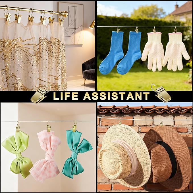 Teenitor 100 Pack Gold Curtain Clips Curtain Hooks, Stainless Steel Small Clips for Hanging Curtains, Outdoor String Lights, Art Craft Display, Gold