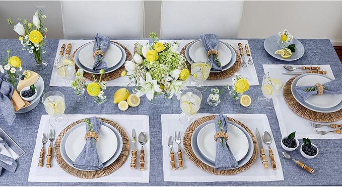 Solino Home Linen Tablecloth 60 x 108 Inch - 100% Pure Linen Chambray Indigo Table Cloth for Rectangle Tables - Athena, Machine Washable Tablecloth for Christmas