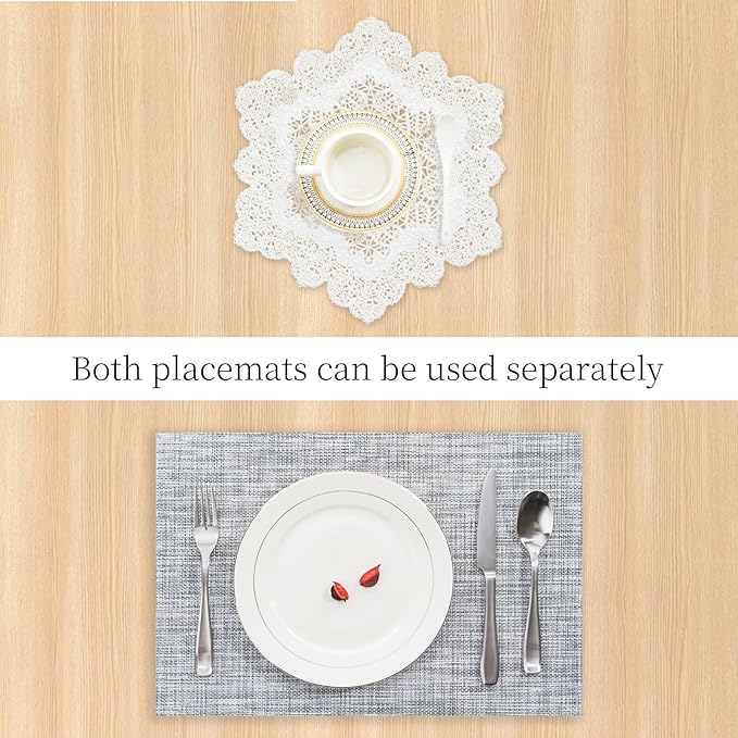 BACKTOEDEN Placemats Set of 6 Heat Resistant Washable Wipeable Placemat Woven Non-Slip Foldable Vinyl/Plastic Place Mats Indoor/Outdoor Mat Kitchen Dining Table Pad, White Snowflake & Gray