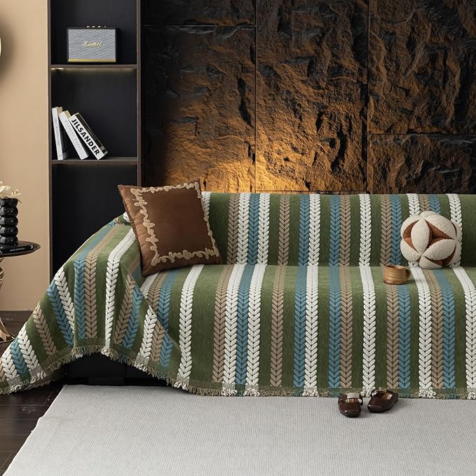 VClife Dog Couch Cover Sofa Covers, Chic Stripe Couch Cover for 3 Cushion Couch, Washable, Non Slip & Wear Resistant, Pet Friendly Sofa Protector Sectional Sofa Couch Slipcover, Green, 71''x150''