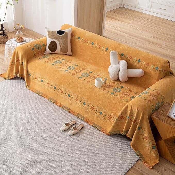 DREAMINGO Orange Boho Sofa Cover Chenille Couch Cover Blanket Vintage Bohemian Sofa Covers for 3 Cushion Couch Geometric Jacquard Sectional Couch Covers for Dogs Washable Futon Slipcover, 71"x150"