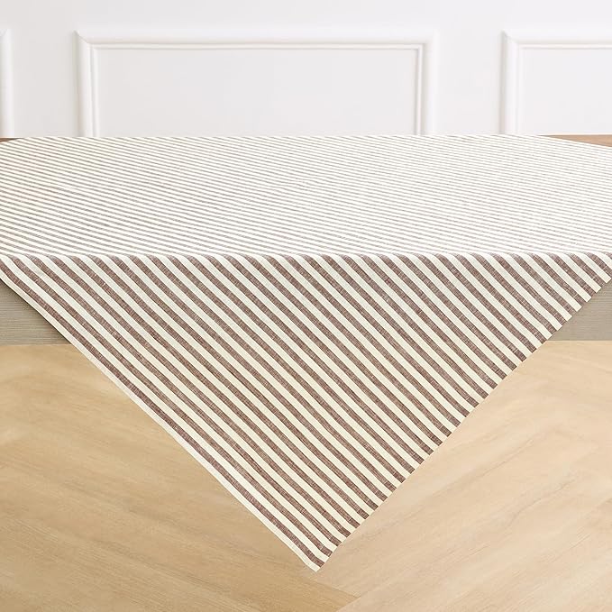 Solino Home Linen Striped Tablecloth 52 x 52 Inch - 100% Pure Linen Brown and Cream Square Table Throw - Amalfi Stripe, Machine Washable Tablecloth for Fall, Autumn, Thanksgiving