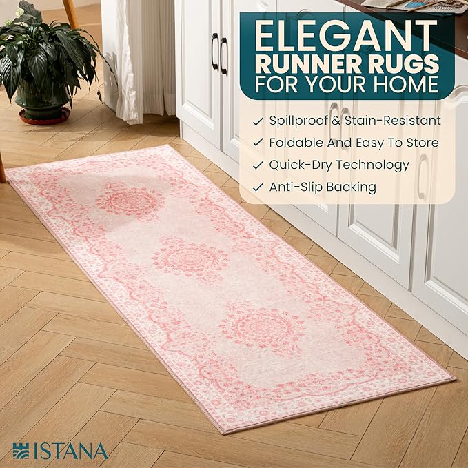 Istana Hallway Runner Rug 2x6 - Pink Kitchen Rugs Non Slip Washable -Silk's Soft Touch Carpet Runner - Stylish Rug Runner for Home
