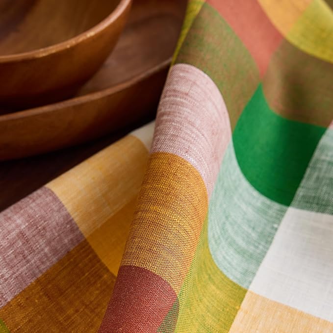 Solino Home Linen Checkered Tablecloth 52 x 52 Inch - 100% Pure Linen Fall Multicolor Buffalo Plaid Square Tablecloth - Machine Washable Table Throw for Autumn, Thanksgiving