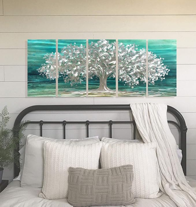 RICHSPACE ARTS Metal Tree Wall Art over Sofa or Bed Large Size Aluminum Artwork Spring Pictures Teal and Gray Decor Contemporary Living Room Bedroom Artwork Set of 5 panels for Walls