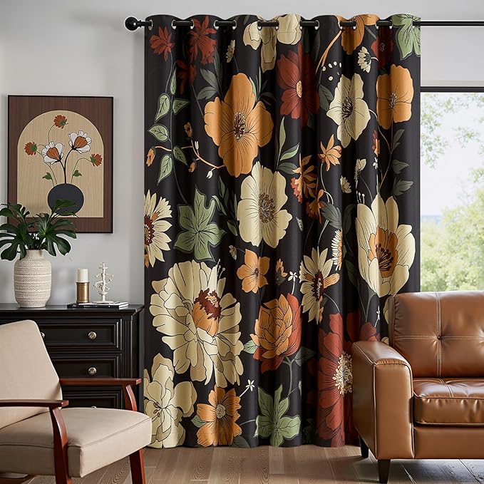 jinchan Lora Floral Curtain for Living Room Blackout Drape for Sliding Door Extra Wide Room Darkening Fall Decor Winter Vintage Flower Patterned Patio Door Curtain Grommet 1 Panel W100xL84 Inch Black