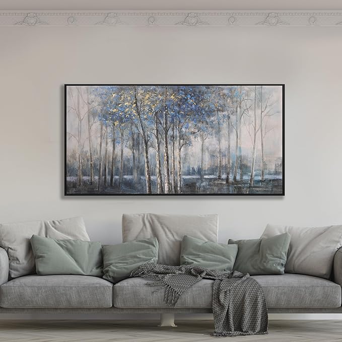 Abstract Canvas Wall Art Modern Abstract Artwork Canvas Prints Framed Canvas Picture Blue Embellishments Plant Grey Misty Forest Abstract Tree Contemporary Wall Art Bedroom Living Room Office