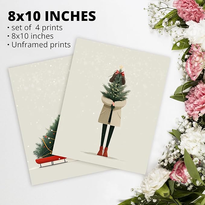 AEHIE Merry Christmas Boho Wall Art Poster Prints for Home Gallery Living Room Bathroom, Minimalist Watercolor Xmas Decor, Xmas Tree Winter Wall Art Unframed 4pcs 8x10inch