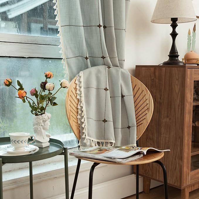 Sutuo Home Boho Curtain for Bedroom 84 Inch Length, Linen Light Filtering Country Farmhouse Vintage Chic Tassels Window Treatment Bohemian Drape for Decor 1 Panel 52" W x 84" L, Cream Grey Plaids