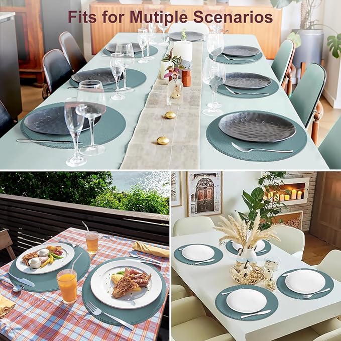 Round Vinyl Blue Placemats Set of 6, Faux Leather Waterproof Wipeable Heat Resistant Place Mats, Washable Table Mats for Halloween, Thanksgiving & Christmas Dinner(Light Blue)