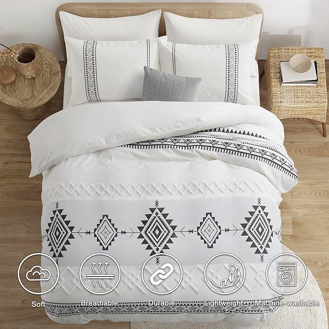 Oli Anderson Boho Duvet Cover Set King Size, Black and White Color Clash 3 PCS Microfiber Bedding Set, Durable and Super Soft Duvet Covers with Zipper and Ties, 104"*90"
