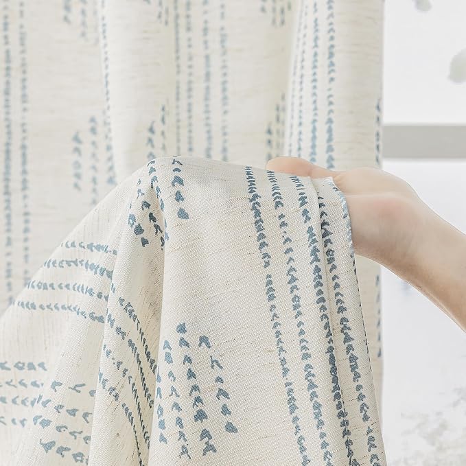 Boho Linen Curtains for Bedroom Living Room Blue Farmhouse Boho Curtains 63 Inch Length Geometric Striped Patterned Mudcloth Grommet Top Light Filtering Window Drapes 2 Panels Blue on Beige