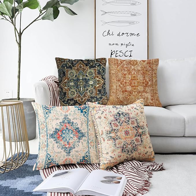 Boho Throw Pillow Covers 18x18 inch Set of 2,Bohemian Vintage Carpet Pattern Antique Ethnic Decor Double Sided Pattern Cushion Cover Soft Pillow Case Living Sofa Room Bed Square Pillow Cover