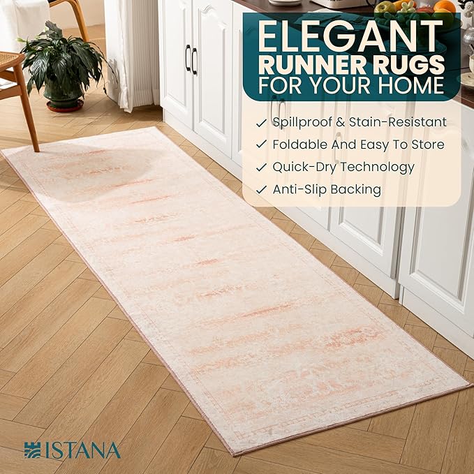 Istana Hallway Runner Rug 2.5x8 - Pink Kitchen Rugs Non Slip Washable -Silk's Soft Touch Carpet Runner - Stylish Runner Rugs for Home