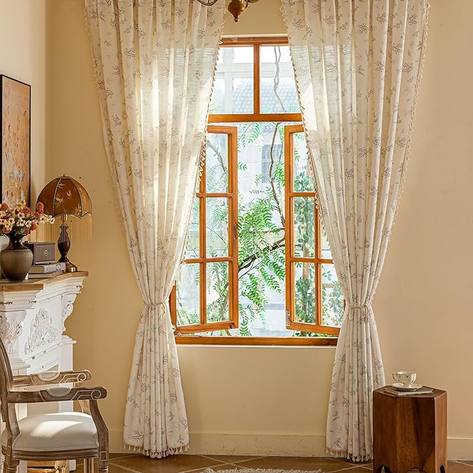 OYX Purple Boho Floral Curtains 63 Inch Length 2 Panels for Living Room, Bedroom Light Filtering Drapes, Farmhouse Country French Rustic Tassels Patterned Rod Pocket Aesthetic Decor Window Treatments