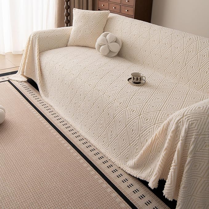 ROOMLIFE Striped Boho White Couch Cover for 2-3 Cushion Sofa, Fuzzy Plush Warm Sofa Slipcovers Sectional Sofas Covers, Non Slip Washable Furniture Protector Soft with Tassel,Winter 71''X134”