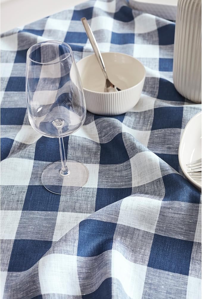 Solino Home Linen Checkered Tablecloth 52 x 52 Inch - 100% Pure Linen Blue and White Buffalo Plaid Square Tablecloth - Machine Washable Table Throw