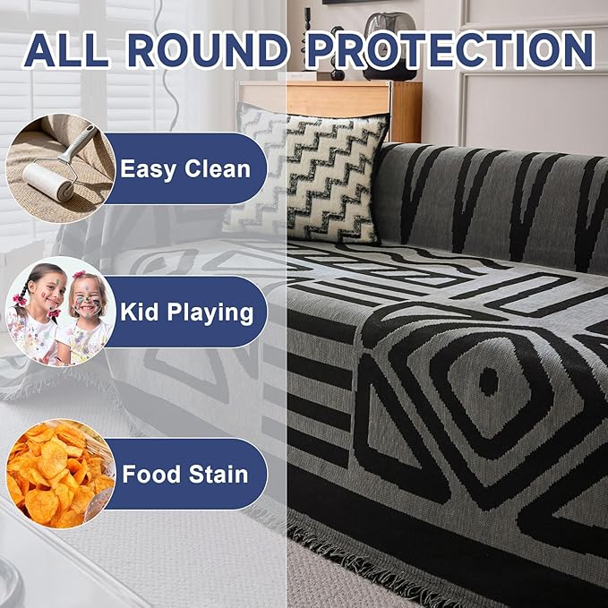 VClife Boho Couch Cover for 3 Cushion Couch Chenille Sofa Cover for Sectional Sofa, Modern Sofa Slipcover Washable Couch Covers for L-Shape Sofa Reversible Sofa Protector, Dark Gray, 71''x134''